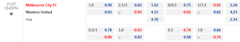 Tỷ lệ kèo hiệp 1 Melbourne City vs Western United, 15h45 ngày 07/01 - Ảnh 1
