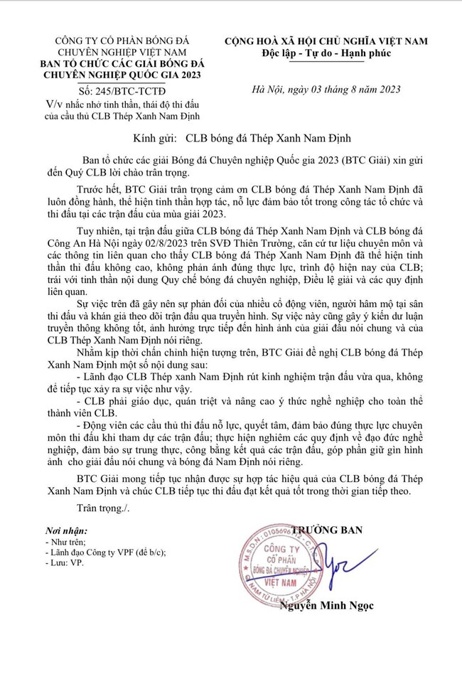 VPF gửi công văn, nhắc nhở CLB Nam Định về tinh thần thi đấu ở trận thua CLB CAHN - Ảnh 1
