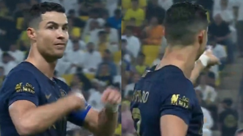 Ronaldo đòi thay trọng tài, ra dấu 'im lặng' khi người hâm mộ hô vang tên Messi - Ảnh 3