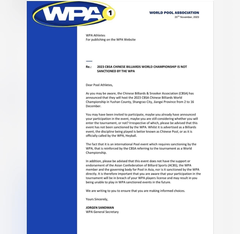 WPA tuyên bố cấm cơ thủ thi đấu trong tương lai nếu tham dự giải của CBSA - Ảnh 1