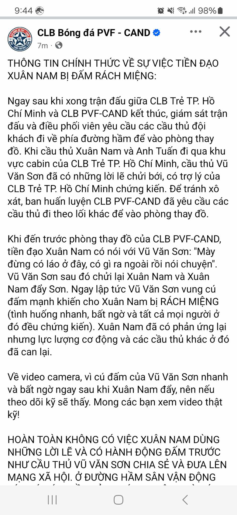 CLB PVF-CAND nói gì trước thông tin cầu thủ đánh nhau ở sân Thống Nhất? - Ảnh 1