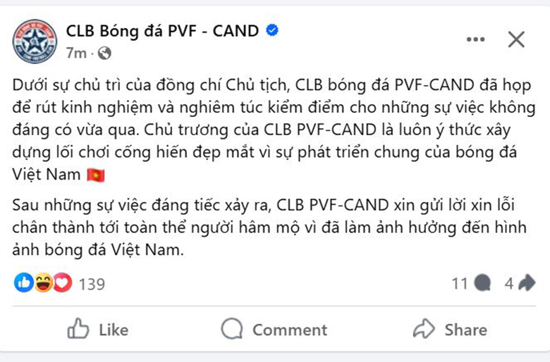 CLB PVF CAND xin lỗi khán giả vì sự cố cầu thủ đánh nhau trên sân Thống Nhất - Ảnh 1