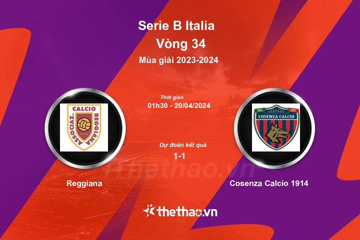 Nhận định, soi kèo Reggiana vs Cosenza Calcio 1914, 01:30 ngày 20/04/2024 Serie B Italia 2023-2024