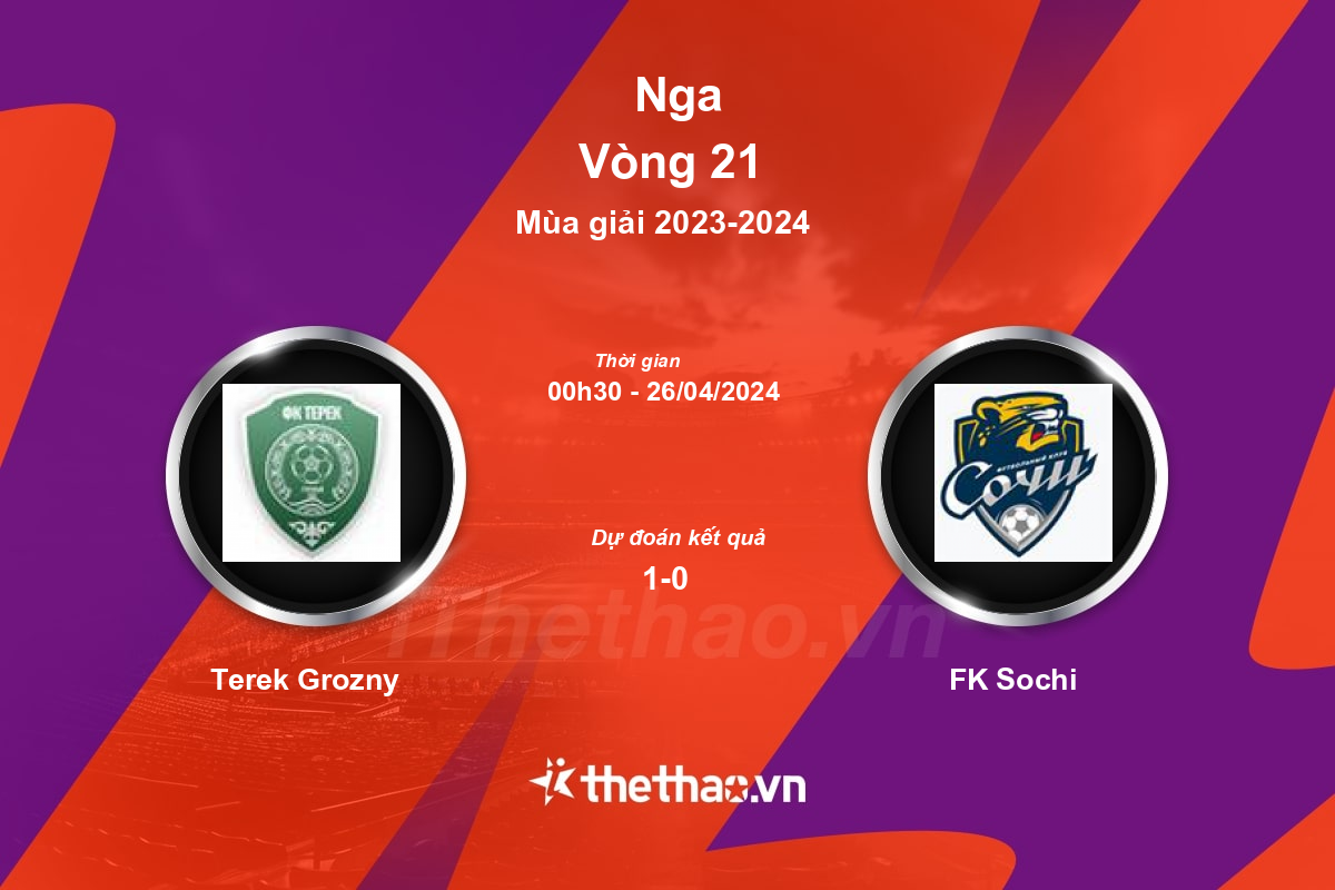 Nhận định, soi kèo Terek Grozny vs FK Sochi, 00:30 ngày 26/04/2024 Nga 2023-2024