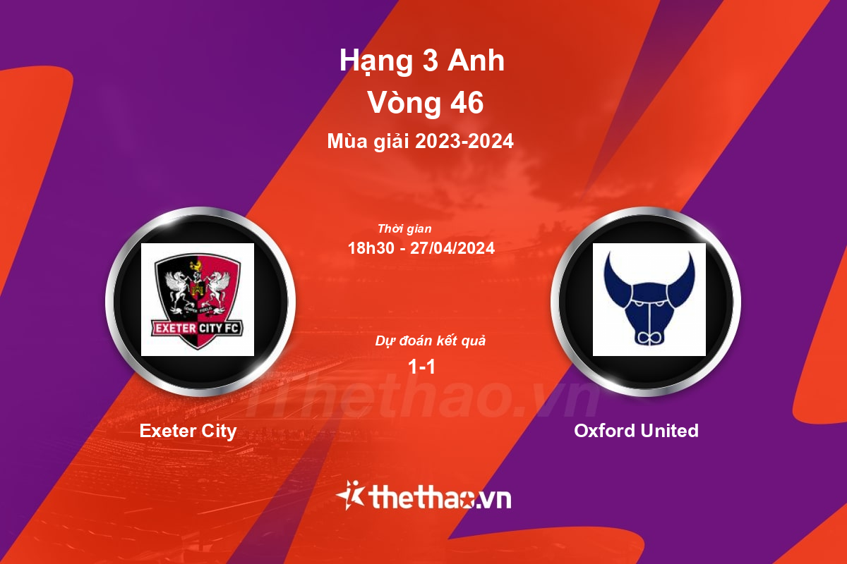 Nhận định, soi kèo Exeter City vs Oxford United, 18:30 ngày 27/04/2024 Hạng 3 Anh 2023-2024