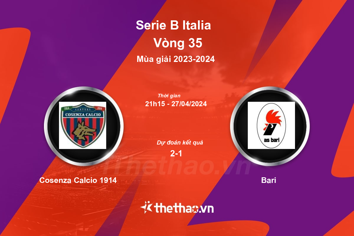 Nhận định, soi kèo Cosenza Calcio 1914 vs Bari, 21:15 ngày 27/04/2024 Serie B Italia 2023-2024
