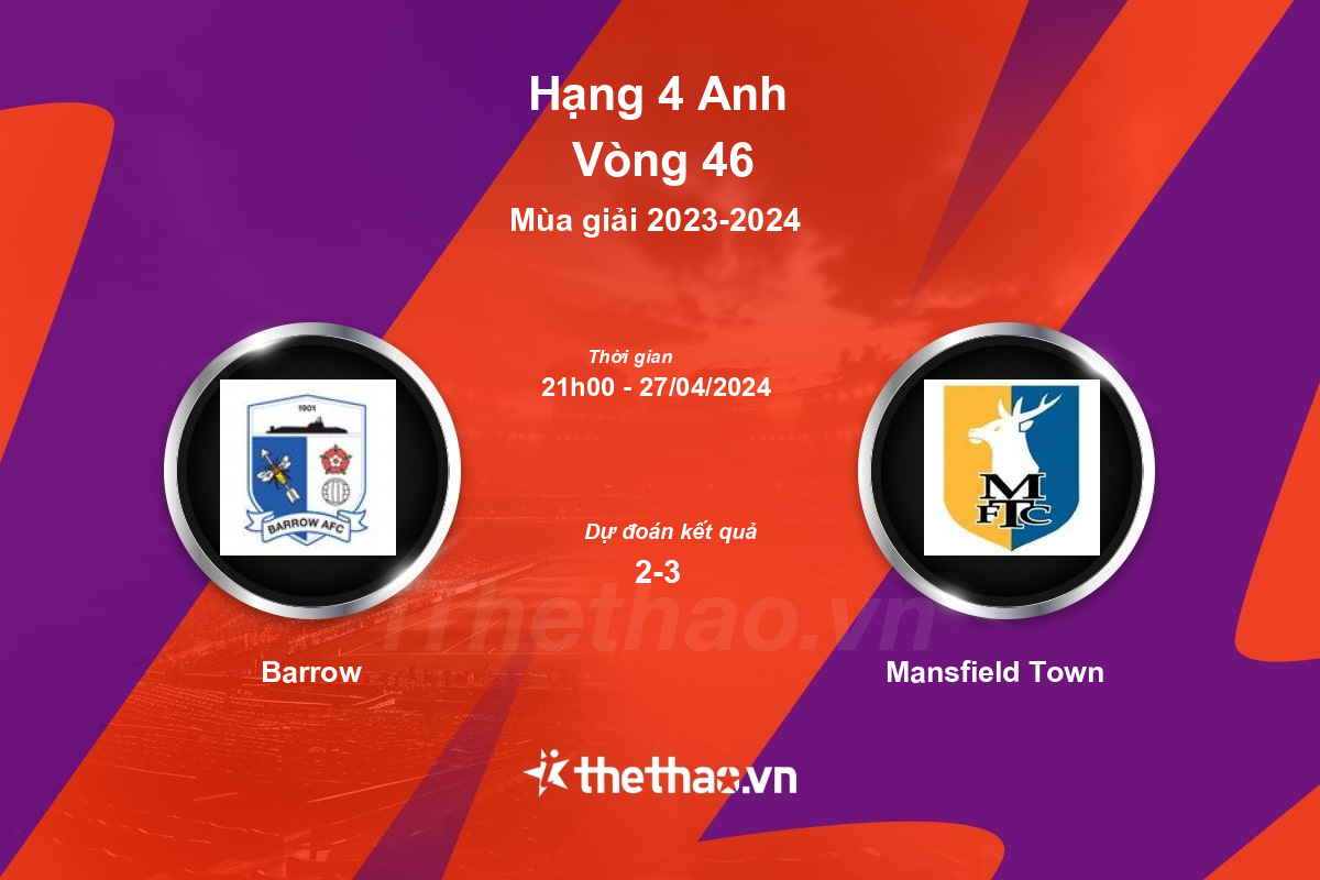 Nhận định, soi kèo Barrow vs Mansfield Town, 21:00 ngày 27/04/2024 Hạng 4 Anh 2023-2024