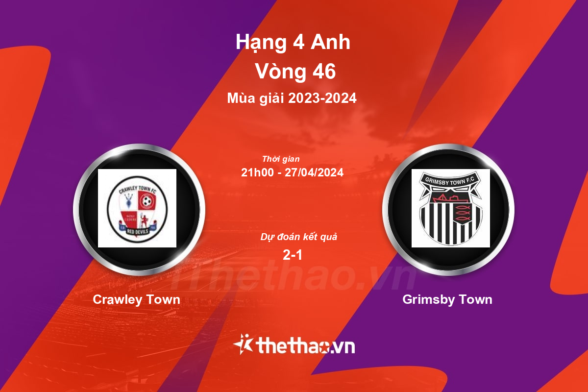 Nhận định, soi kèo Crawley Town vs Grimsby Town, 21:00 ngày 27/04/2024 Hạng 4 Anh 2023-2024