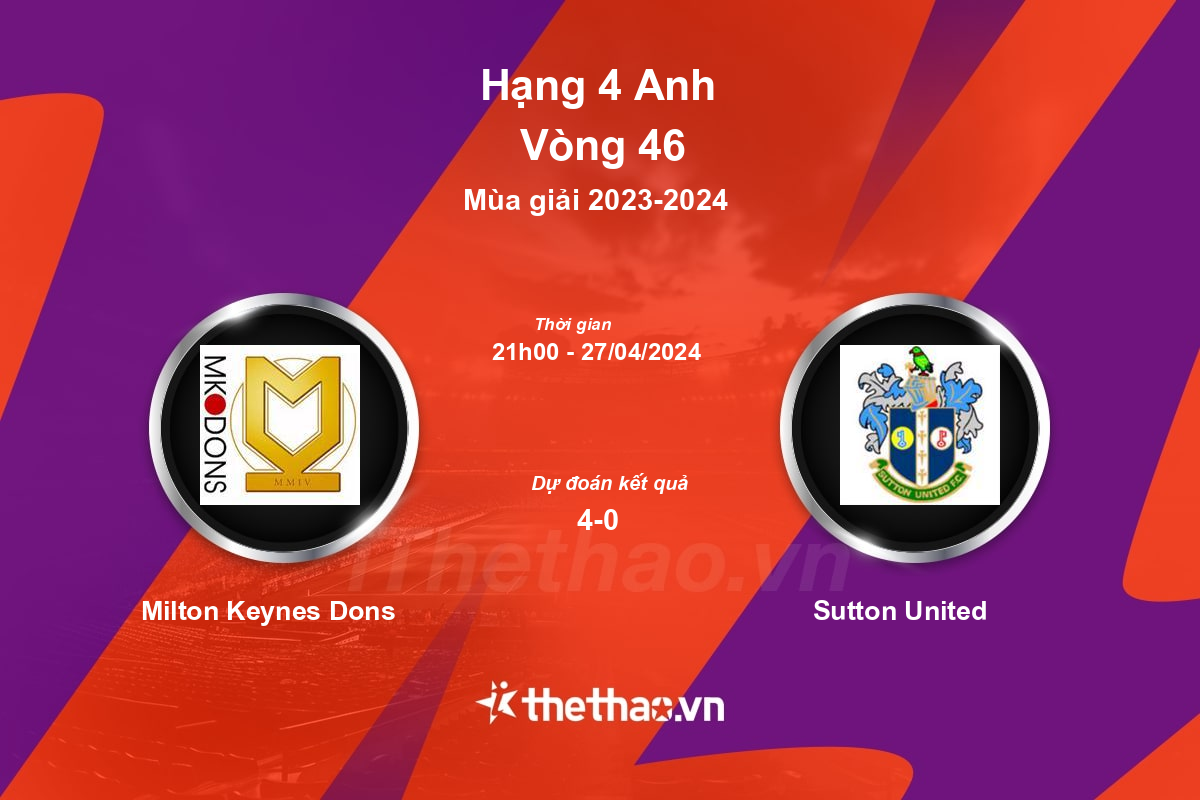Nhận định, soi kèo Milton Keynes Dons vs Sutton United, 21:00 ngày 27/04/2024 Hạng 4 Anh 2023-2024