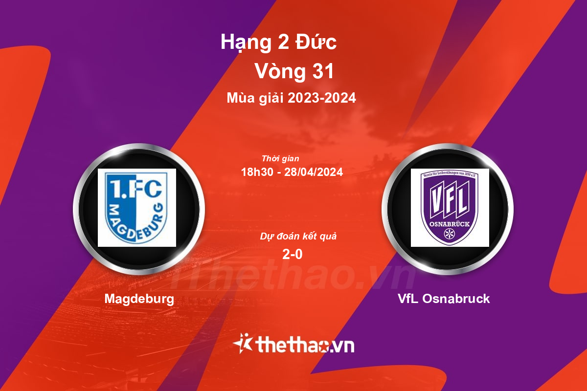 Nhận định, soi kèo Magdeburg vs VfL Osnabruck, 18:30 ngày 28/04/2024 Hạng 2 Đức 2023-2024