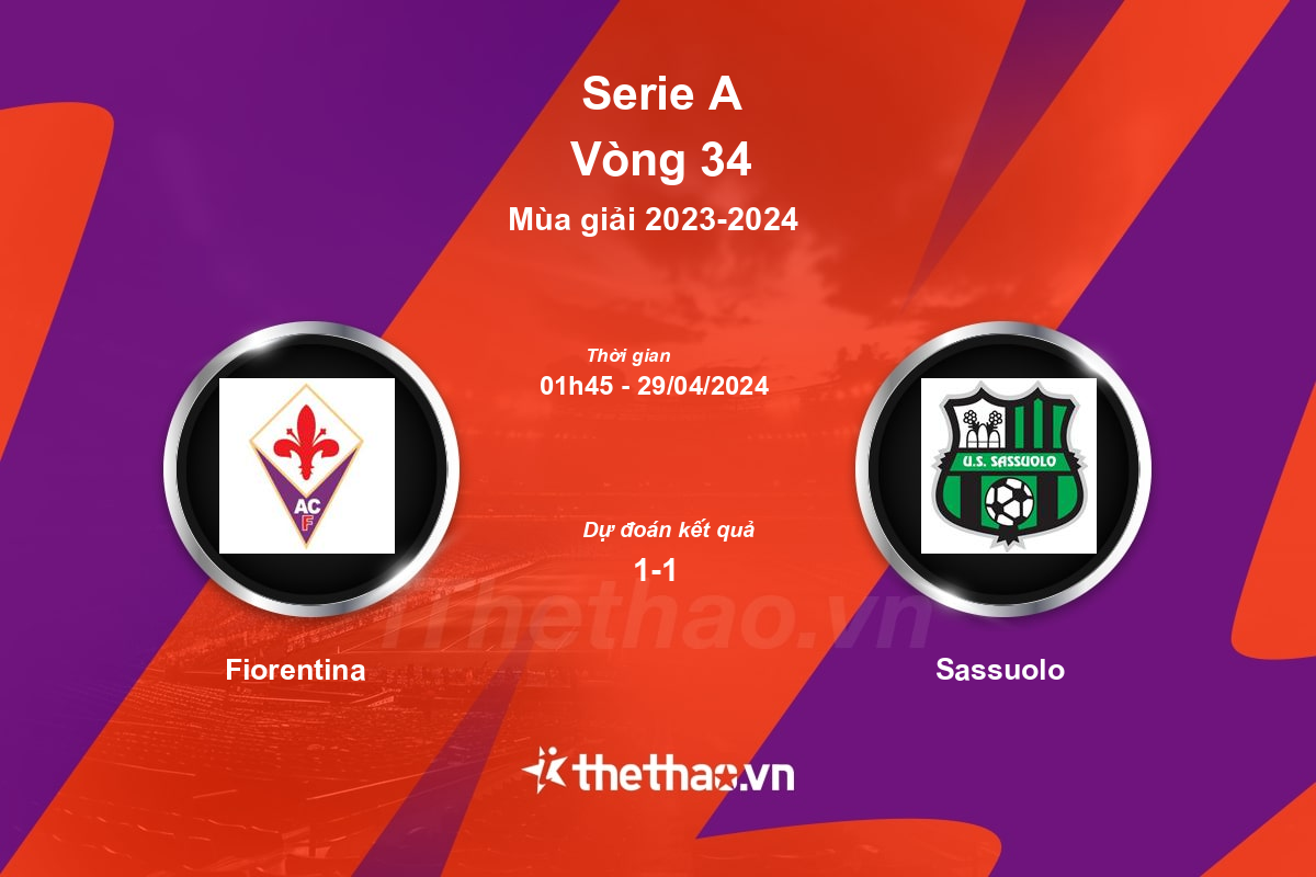 Nhận định, soi kèo Fiorentina vs Sassuolo, 01:45 ngày 29/04/2024 Serie A 2023-2024