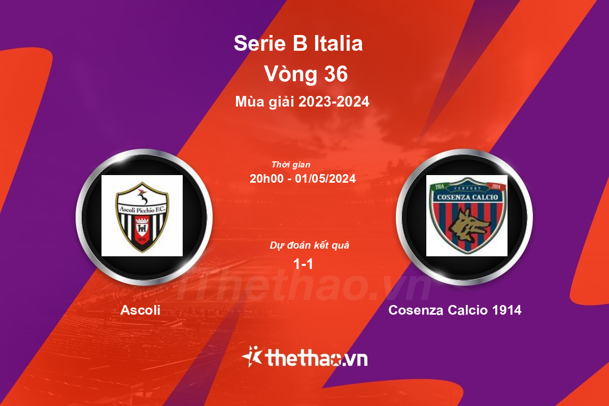 Nhận định, soi kèo Ascoli vs Cosenza Calcio 1914, 20:00 ngày 01/05/2024 Serie B Italia 2023-2024