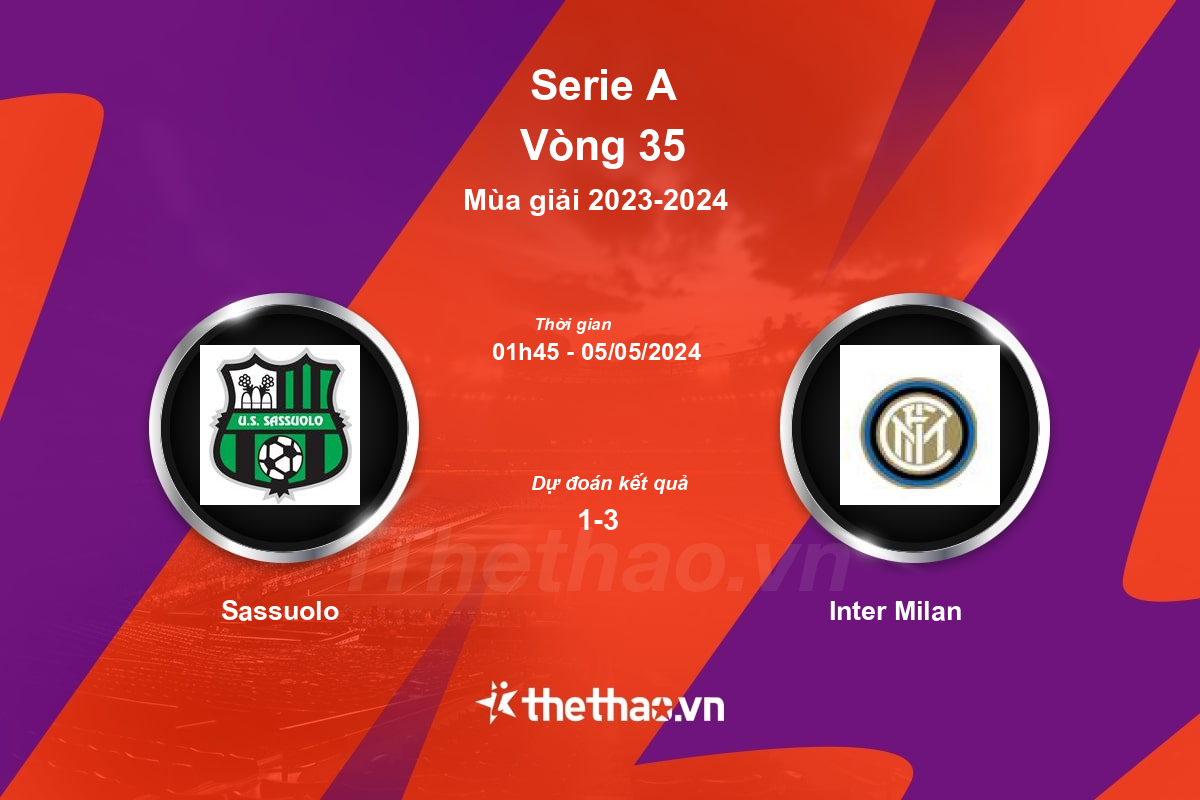 Nhận định, soi kèo Sassuolo vs Inter Milan, 01:45 ngày 05/05/2024 Serie A 2023-2024