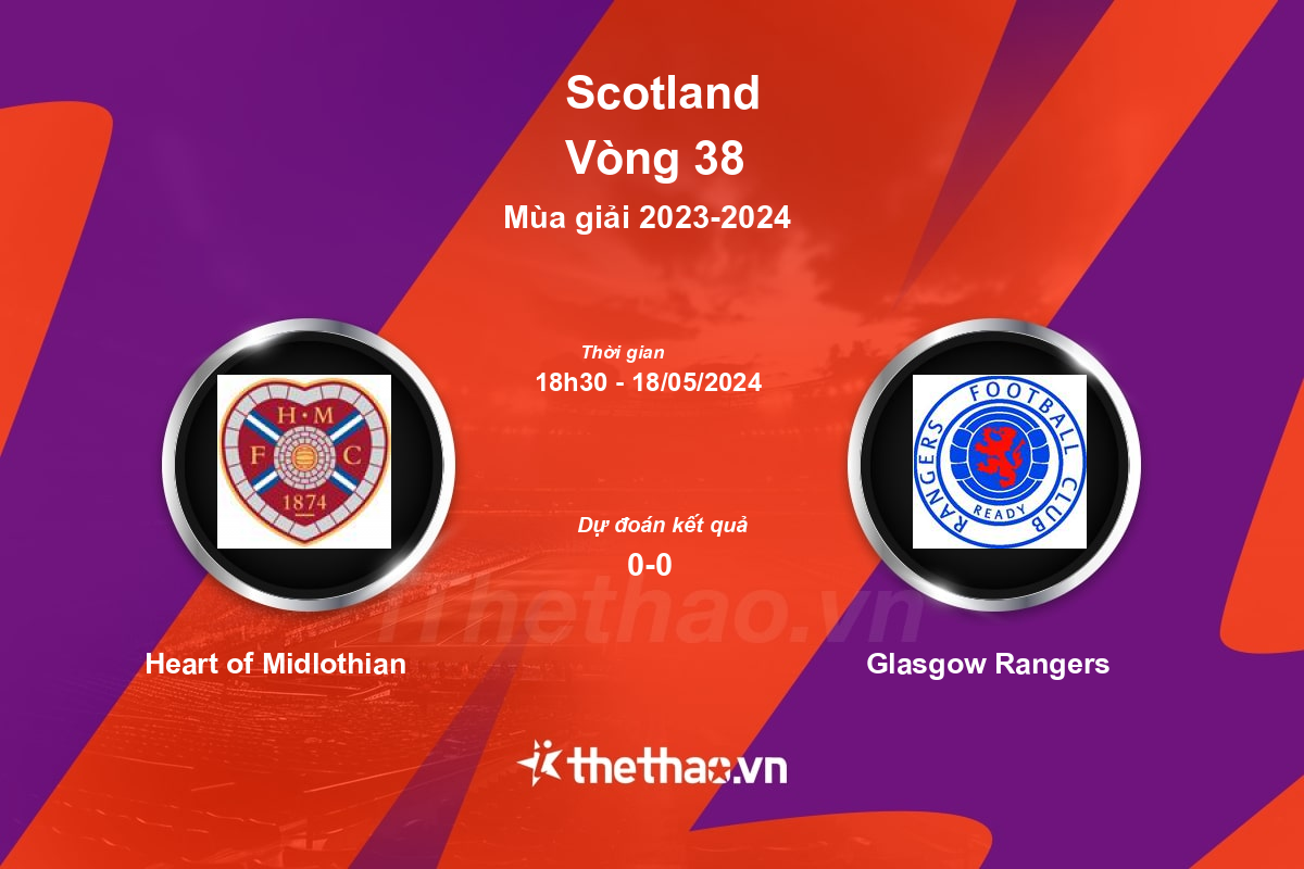 Nhận định, soi kèo Heart of Midlothian vs Glasgow Rangers, 18:30 ngày 18/05/2024 Scotland 2023-2024