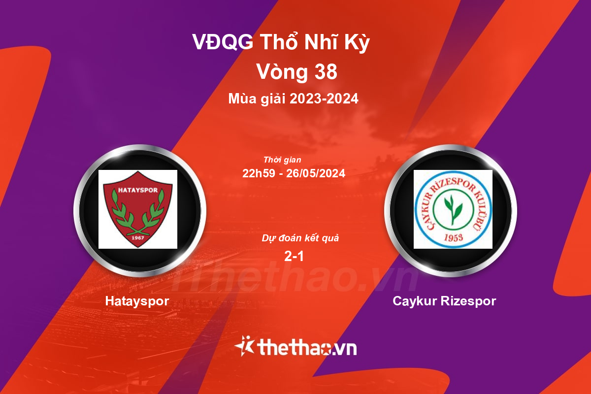 Nhận định, soi kèo Hatayspor vs Caykur Rizespor, 22:59 ngày 26/05/2024 VĐQG Thổ Nhĩ Kỳ 2023-2024