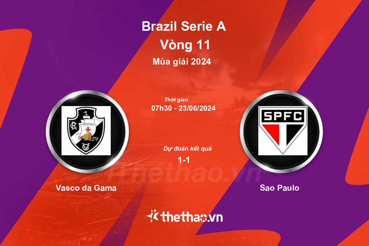 Nhận định, soi kèo Vasco da Gama vs Sao Paulo, 07:30 ngày 23/06/2024 VĐQG Brazil 2024