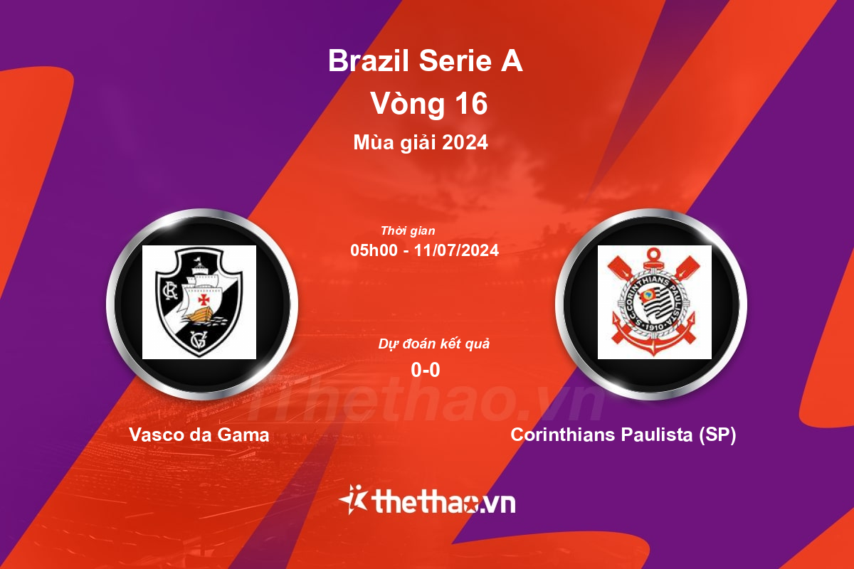 Nhận định, soi kèo Vasco da Gama vs Corinthians Paulista (SP), 05:00 ngày 11/07/2024 VĐQG Brazil 2024