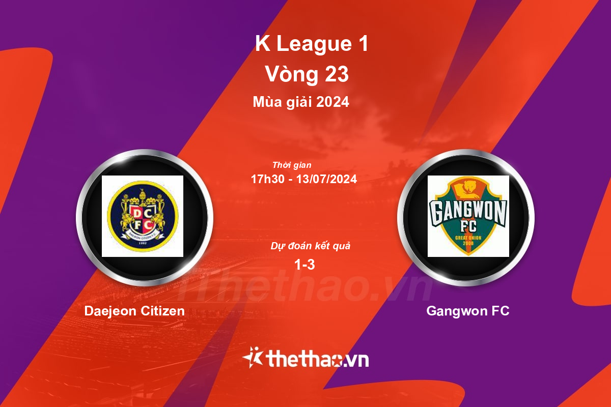 Nhận định, soi kèo Daejeon Citizen vs Gangwon FC, 17:30 ngày 13/07/2024 Hàn Quốc 2024