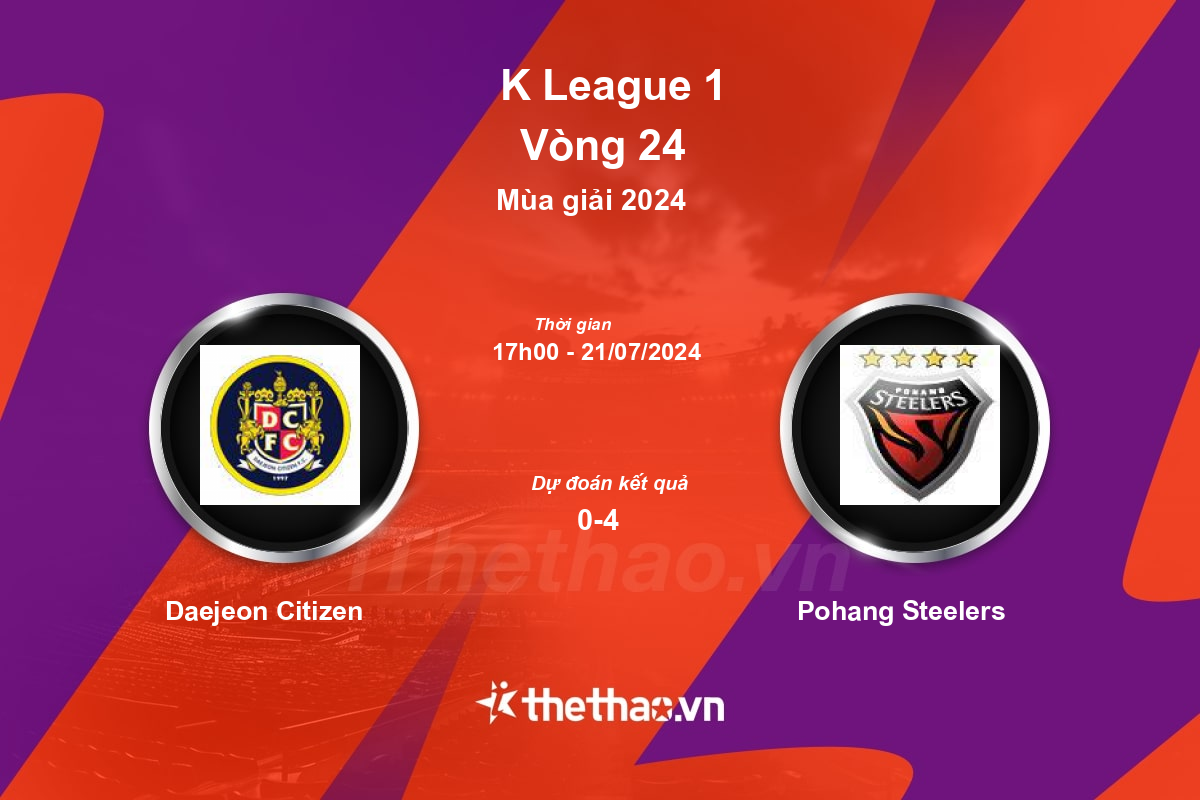 Nhận định, soi kèo Daejeon Citizen vs Pohang Steelers, 17:00 ngày 21/07/2024 Hàn Quốc 2024