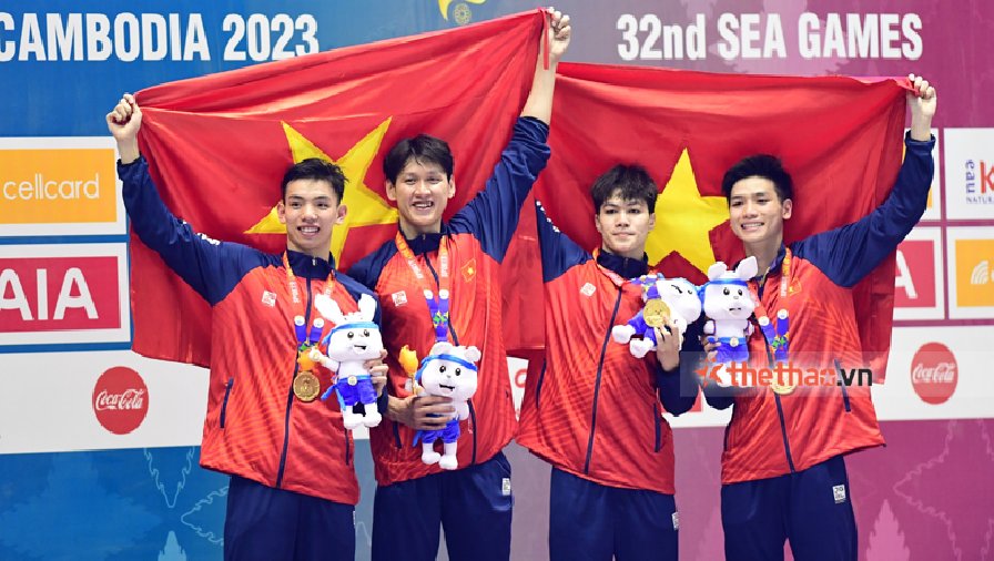Huy Hoàng, Quý Phước ngược dòng ngoạn mục, mang về HCV bơi đồng đội nam SEA Games 32