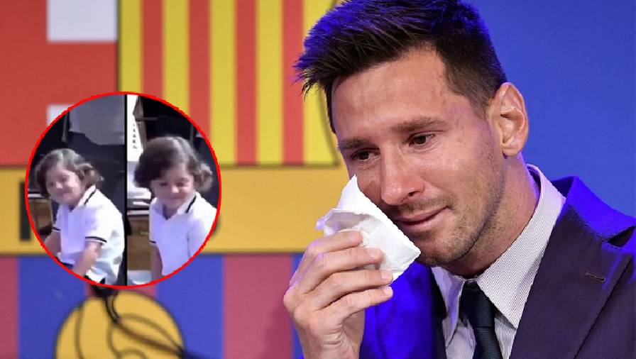 Con trai Messi ngây thơ cười đùa khi bố đang khóc trong phòng họp báo