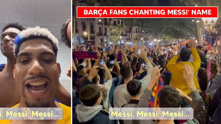 Cầu thủ Barca hô tên Messi trong buổi lễ mừng ngai vàng La Liga