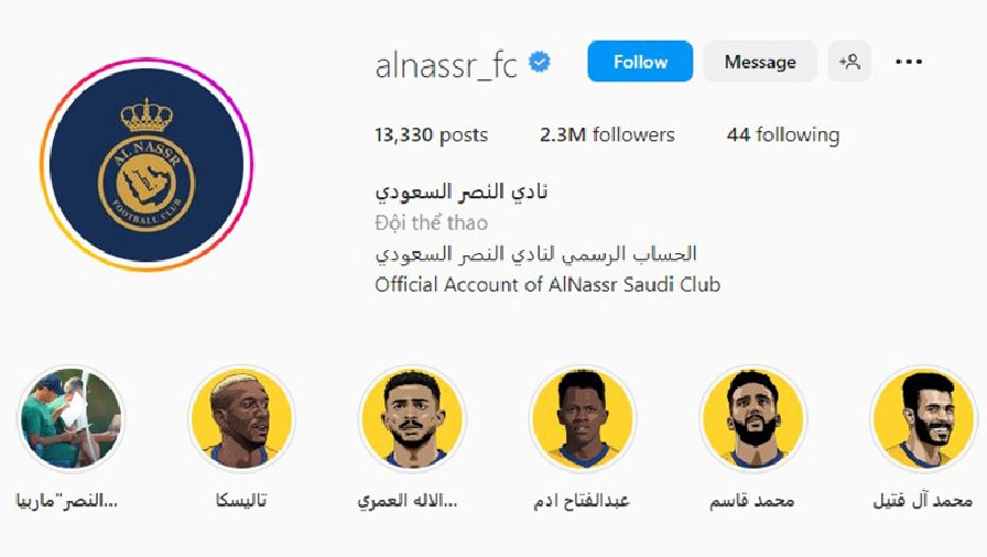 Instagram của Al Nassr tăng gần 2 triệu người theo dõi sau khi Ronaldo ký hợp đồng