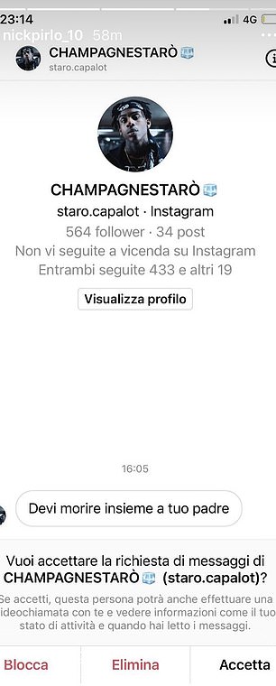 Lời đe dọa trên tài khoản Instagram của Nicolo Pirlo