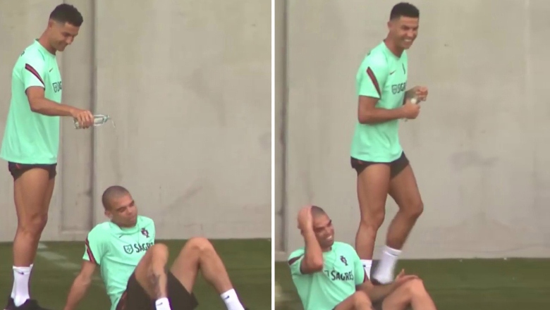 Ronaldo đùa nhây, bắt nạt Pepe trên sân tập - Ảnh 1