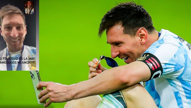 Messi gọi về cho vợ, khoe huy chương vàng Copa America ngay trên sân bóng - Ảnh 1