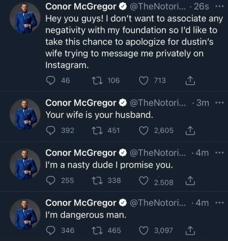 Conor McGregor đăng một loạt Twitter gửi đến Dustin Poirier và vợ, tuy nhiên nhanh chóng xóa hết - Ảnh 1