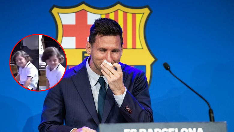 Con trai Messi ngây thơ cười đùa khi bố đang khóc trong phòng họp báo - Ảnh 1