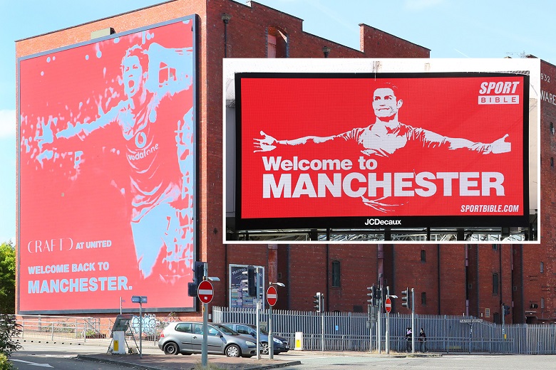 MU trả thù Man City bằng biển quảng cáo Ronaldo nhái Tevez - Ảnh 1
