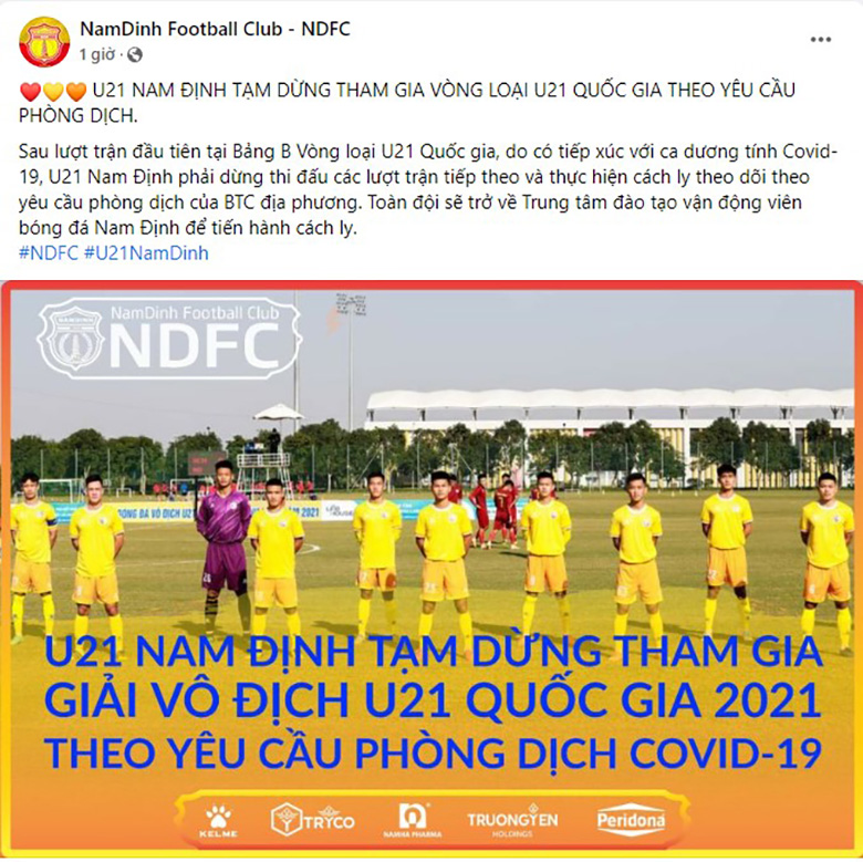U21 Nam Định tạm rút khỏi vòng loại U21 Quốc Gia 2021  - Ảnh 1