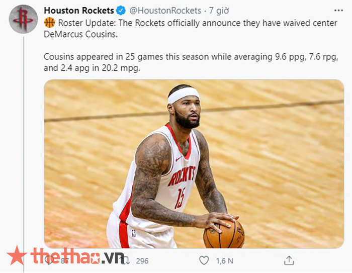 DeMarcus Cousins được Rockets giải phóng