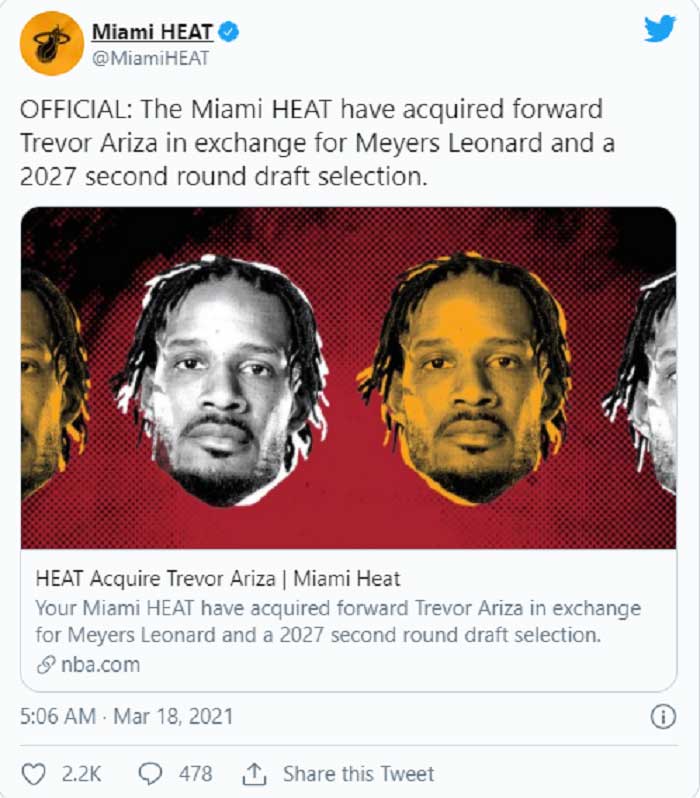 Miami Heat thông báo về việc Trevor Ariza sẽ cập bến để thi đấu cho đội bóng