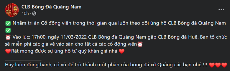 Quảng Nam miễn phí vé xem trực tiếp trận đấu với Huế - Ảnh 2
